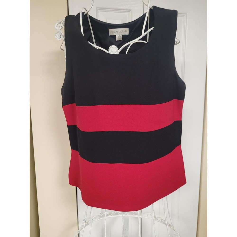 Casual Corner Vintage Black Red Striped Peppy Shell Top Fully Lined Zip Size 8